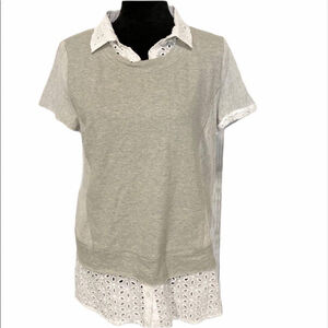 HEM & Thread top grey white eyelet faux blouse pullover
